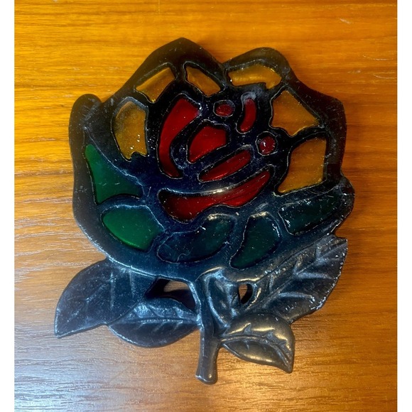 The Unbranded Brand Other - Vintage Rare Cast Iron Rose Trivet Stained Glass Stand Grannycore
